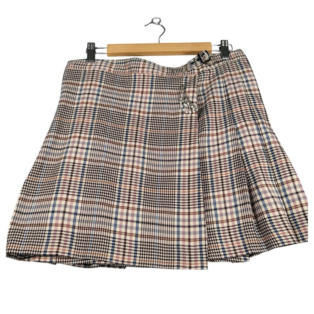 Sugar Thrillz Plaid Pleated Mini Skirt XL Tan Blue Pink Wrap Kilt AST203011